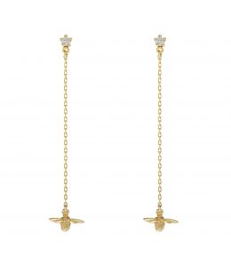 18ct Yellow Gold Diamond Stud Earrings with Fine Chain Bee Drops Product Photo